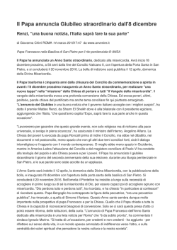 Il Papa annuncia Giubileo straordinario dall`8 dicembre