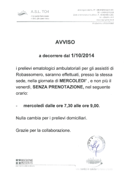 A decorrere dal 1/10/2014 i prelievi ematologici ambulatoriali per gli