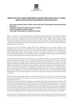 Hines Italia SGR e COIMA consegnano a Milano Porta Nuova Isola