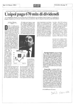 Unipol paga 670 mln di dividendi