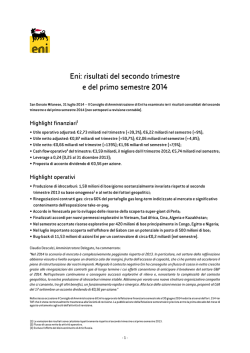 Eni: risultati del secondo trimestre e del primo semestre 2014