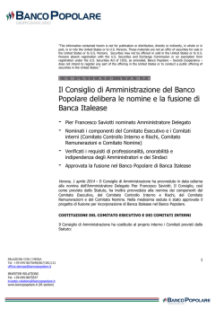 Il Consiglio di Amministrazione del Banco Popolare delibera le
