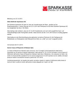 Mitteilung vom 23.12.2014 Aktie Südtiroler Sparkasse AG. Die