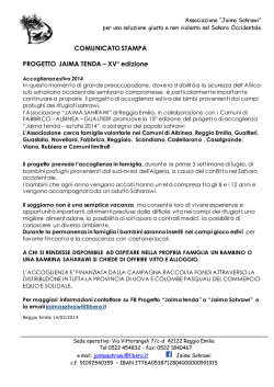 COMUNICATO STAMPA PROGETTO JAIMA TENDA – XV° edizione