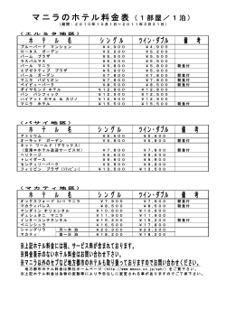 マニラのホテル料金表（1部屋／1泊）
