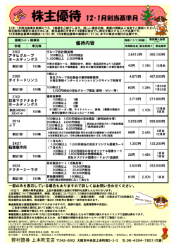 株主優待 12・1月割当基準月 - 野村證券