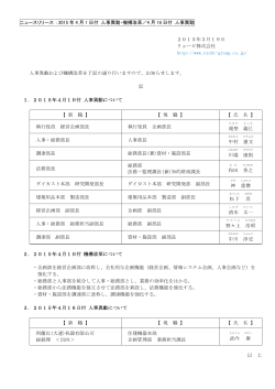 リョービ(株) 2015年4月1日付 人事異動・機構改革／4月16日付 人事異動