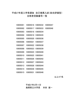 平成27年度入学者選抜 自己推薦入試（総合評価型） 合格者受験番号一覧