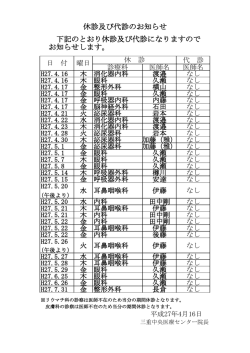 下記のとおり休診及び代診になりますので お知らせします。