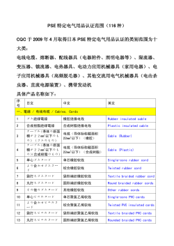 PSE 特定电气用品认证范围（116 种） CQC 于2009 年4 月取得日本