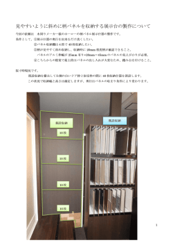 見やすいように斜めにサンプル柄パネルを収納する展示台の製作について