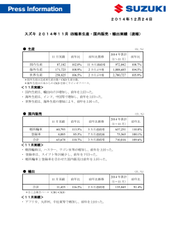 2014年12月24日 スズキ 2014年11月 四輪車生産・国内販売・輸出実績