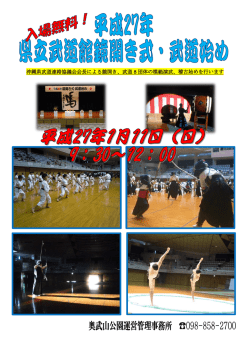 沖縄県武道連絡協議会会長による鏡開き、武道 8 団体の模範演武、稽古