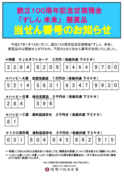創立100周年記念定期預金「すしん未来」懸賞品当せん番号のお知らせ