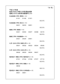 推薦入学Ⅱ合格者受験番号リスト 岐阜大学工学部入学者選抜試験 平成