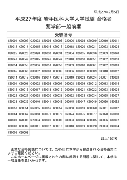 薬学部一般入学試験 前期合格者受験番号一覧