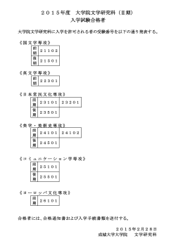 2015年度 大学院文学研究科（Ⅱ期） 入学試験合格者