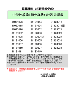 中学校教諭1種免許状（音楽）取得者