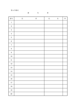 第 4 号様式 連 名 書 番号 住 所 氏 名 印 1 2 3 4 5 6 7 8 9 10 11 12 13
