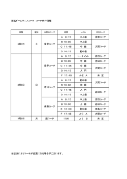 西武ドームテニスコート コーチ代行情報 A 8：15 中上級 吉原コーチ B 10