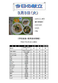 ・五目ちらし寿司 ・鰆の香味焼き ・かきたま汁 ・はるみ ・牛乳