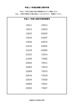 平成27年度紅梅寮入寮許可者 平成27年度入寮許可者受験番号