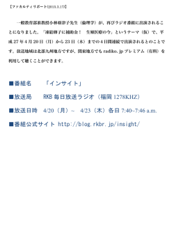 番組名 「インサイト」 放送局 RKB 毎日放送ラジオ（福岡 1278KHZ） 放送