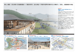 熊野川側から見た文化複合施設のイメージ．熊野ひろばを中心