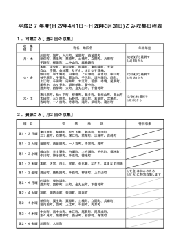 平成27年度(H27年4月1日&sim;H28年3月31日)ごみ収集日程表