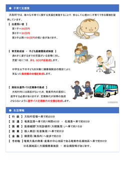 子育て支援策 生活情報 【 行 政 】 大和村役場へ車で約20分 【 交 通 】 奄
