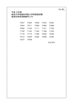 後期合格者受験番号リスト 岐阜大学地域科学部入学者選抜試験 平成