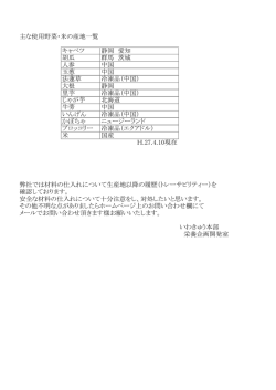主な使用野菜・米の産地一覧 キャベツ 静岡 愛知 胡瓜 群馬 茨城 人参