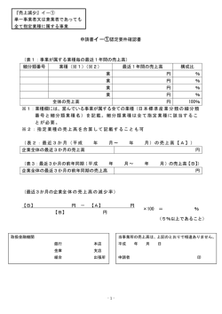 申請書イ−①認定要件確認書 （表1：事業が属する業種毎の最近1年間の