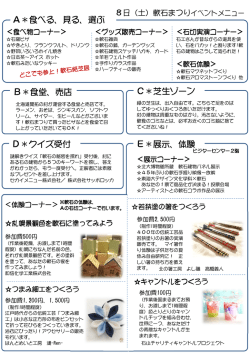 見る、選ぶ B＊食堂、売店 C＊芝生ゾーン D＊クイズ受付 E＊展示、体験