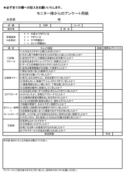 モニター様からのアンケート用紙