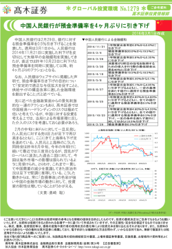 中国人民銀行が預金準備率を4ヶ月ぶりに引き下げ(2016/3/1