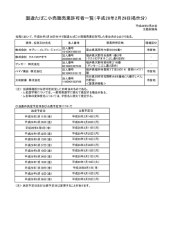 製造たばこ小売販売業許可者一覧（平成28年2月29日