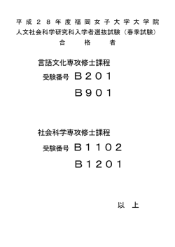 平成28年度福岡女子大学大学院人文社会科学研究科修士課程入学者