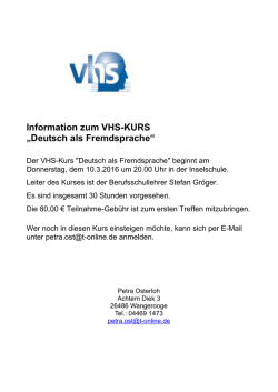 Information zum VHS-KURS &bdquo;Deutsch als Fremdsprache&ldquo;