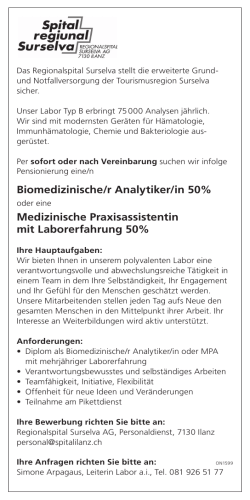 Biomed. Analytiker/in oder MPA mit Laborerfahrung (50%)