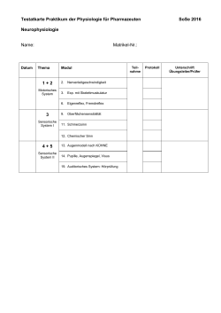 Testatkarte Praktikum der Physiologie für Pharmazeuten SoSe 2016