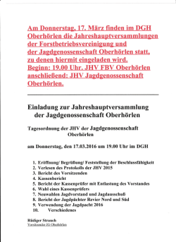 Jagdgenossenschaft Oberh&ouml;rlen &ndash; Einladung zur JHV