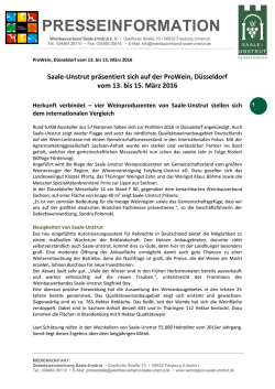 Saale-Unstrut präsentiert sich auf der ProWein, Düsseldorf vom 13