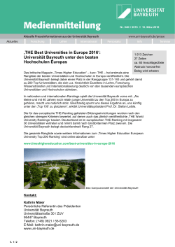 ‚THE Best Universities in Europe 2016`: Universität Bayreuth unter