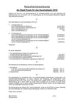 Haushaltssatzung der Stadt Preetz f&uuml;r das Haushaltsjahr 2016