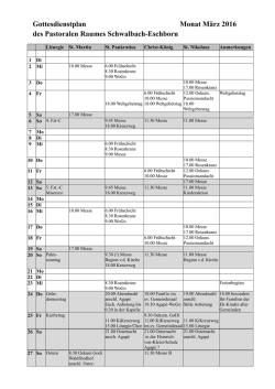Gottesdienstplan Monat M&auml;rz 2016 des Pastoralen Raumes