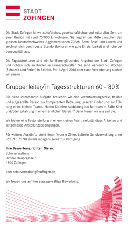 Gruppenleiter/in Tagesstrukturen 60 &ndash; 80