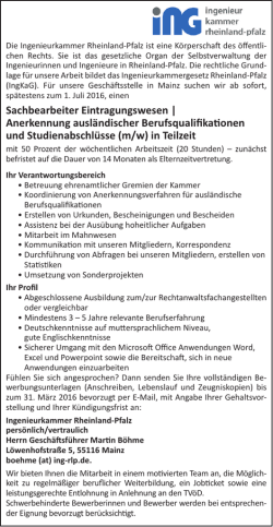 Sachbearbeiter Eintragungswesen - Ingenieurkammer Rheinland