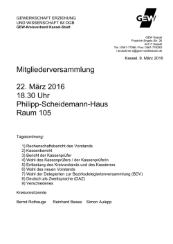 Mitgliederversammlung 22. M&auml;rz 2016 18.30 Uhr Philipp
