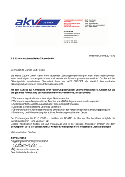 Innsbruck, 08.03.2016/JS 7 S 22/16v Insolvenz Helka Zäune GmbH
